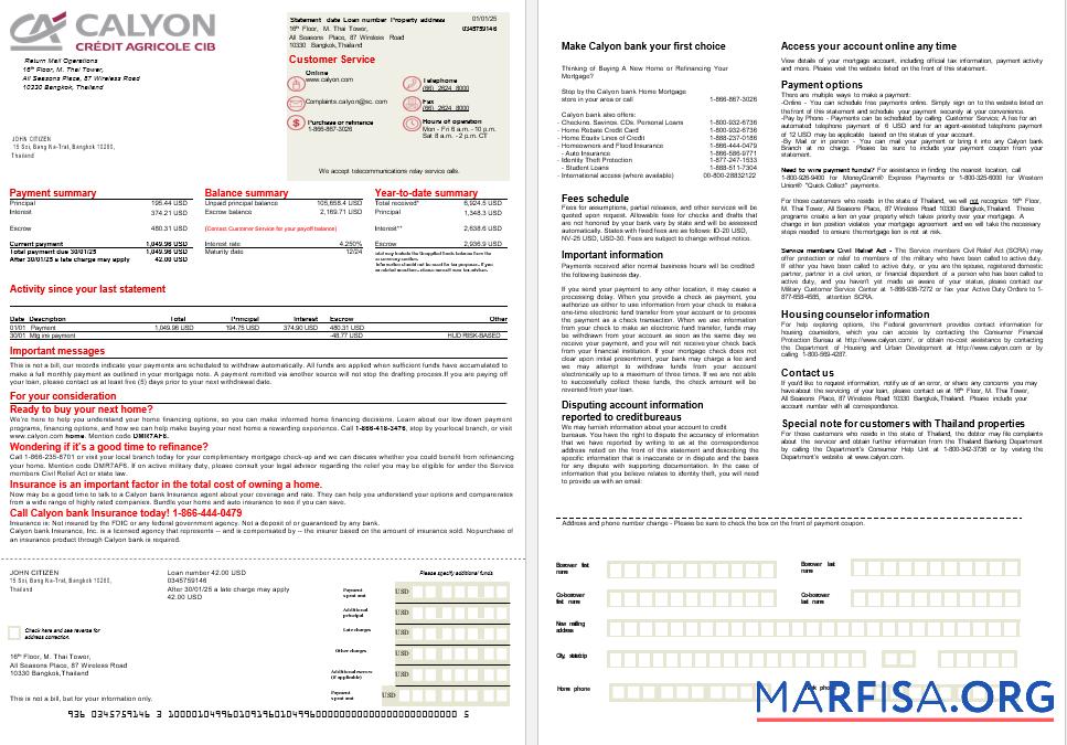 Printable Thailand Caylon Bank mortgage statement in Word and PDF formats, 2 pages download for verification